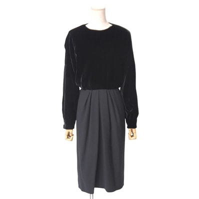 ■美品■Yves Saint Laurent rive gauche イヴサンローランリヴゴーシュ ヴィンテージ ワンピース サイズ34 ベロア 別珍 異素材切替 長袖 ロング フランス製 ブランド古着【中古】20250616/RA5070