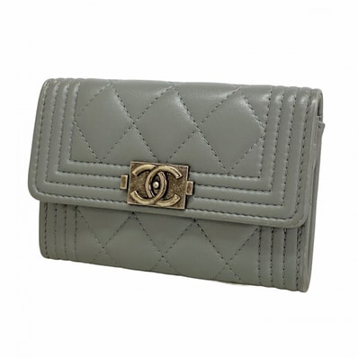 【6dc3147-k】シャネル カードケース ボーイシャネル ラムスキン グレー シルバー金具【中古】レディース