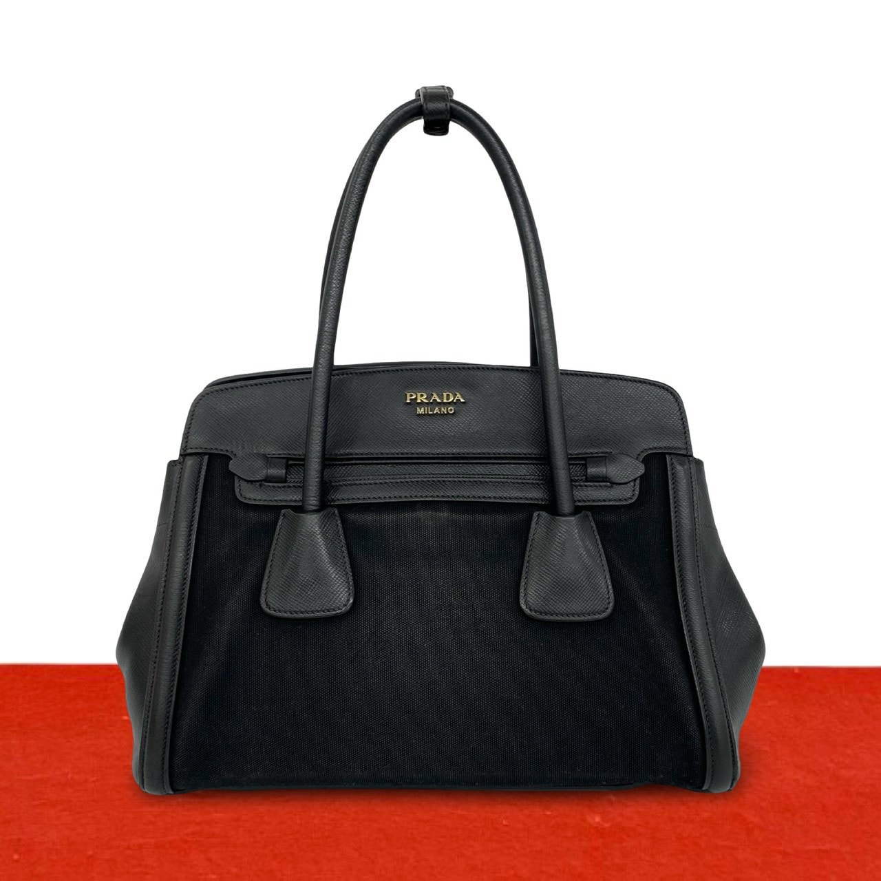 PRADA プラダ ロゴ 金具 レザー キャンバス ハンドバッグ ブラック
 43212