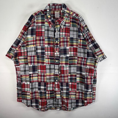 古着 ブルックスブラザーズ Brooks Brothers 半袖シャツ パッチワーク 346 2XL ネイビー系 チェック メンズ