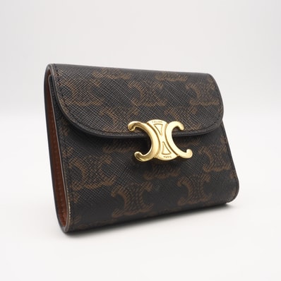美品 CELINE セリーヌ トリオンフキャンバス スモール フラップウォレット トリオンフ 10D782CQH.04LU 三つ折り財布 ブラウン カーフレザー レディース