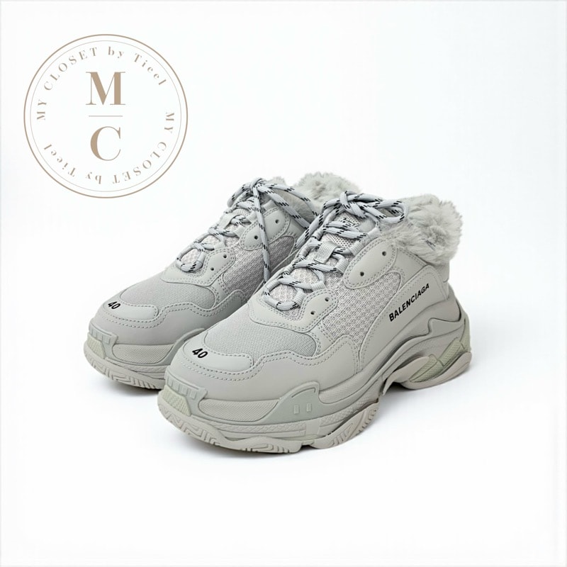 バレンシアガ BALENCIAGA トリプルS スニーカー 靴 シューズ メッシュ レザー ファー グレー 未使用 ロゴ