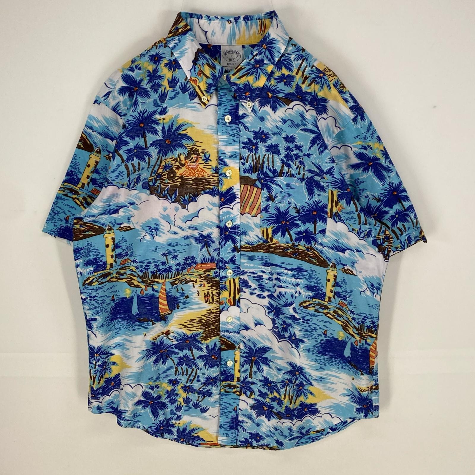 古着 ブルックスブラザーズ Brooks Brothers 半袖シャツ アロハ 柄シャツ REGENT ボタンダウン L ブルー系 メンズ