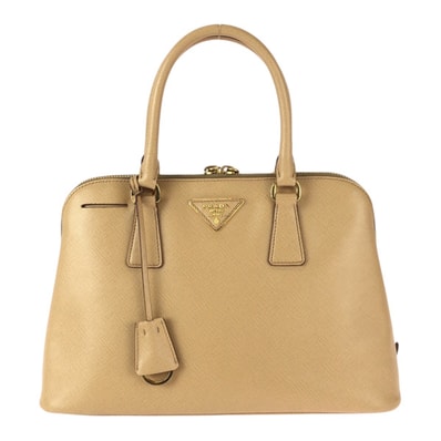 美品 PRADA プラダ サフィアーノ 三角ロゴプレート ベージュ ゴールド金具 レザー トートバッグ ハンドバッグ 600154 【中古】