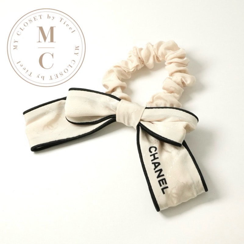 シャネル CHANEL ヘアアクセサリー ホワイト ブラック ココマーク ロゴ リボン シュシュ ヘアゴム