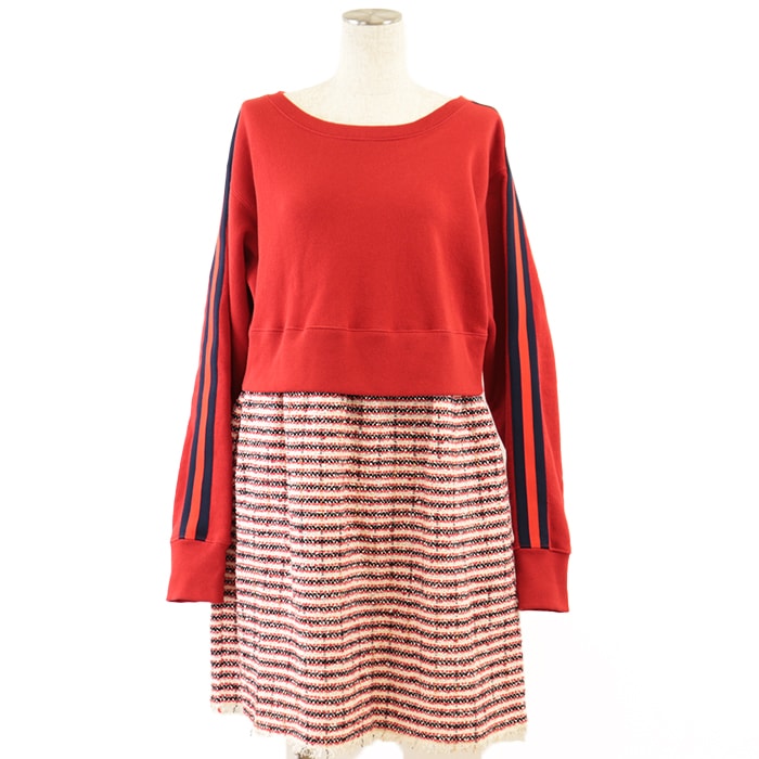 美品 グッチ スウェット ツイード コンビネーション ワンピース レディース レッド ネイビー M GUCCI