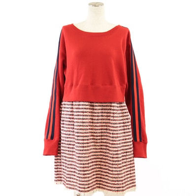 美品 グッチ スウェット ツイード コンビネーション ワンピース レディース レッド ネイビー M GUCCI