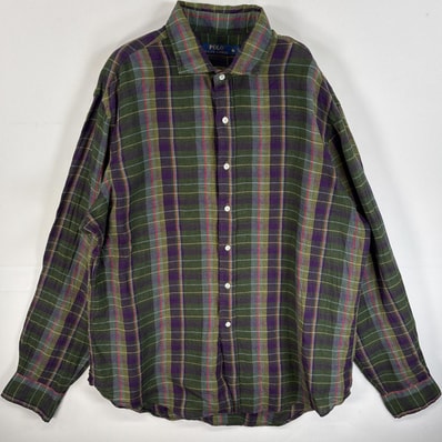 古着 ポロ・ラルフローレン POLO RALPH LAUREN 長袖シャツ リネンシャツ チェック 大きいサイズ XL グリーン系 マルチカラー メンズ