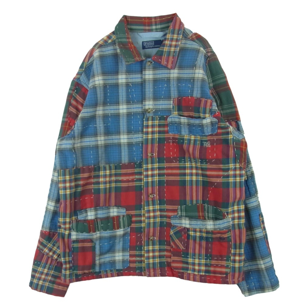 POLO RALPH LAUREN ポロ・ラルフローレン 26SS パッチワーク チェック フランネル オーバー シャツ ジャケット レッド系 ブルー系 グリーン系 XL【美品】【中古】