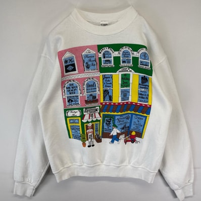 古着 90's/90年代 フルーツオブザルーム FRUIT OF THE LOOM USA製 スウェット トレーナー 両面プリントデザイン クルーネック L ホワイト メンズ