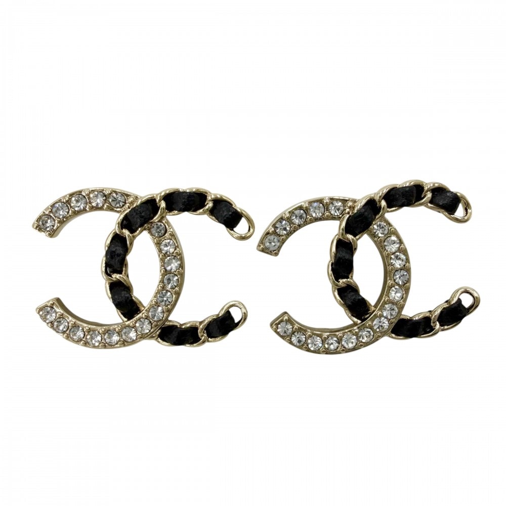CHANEL シャネル ピアス チェーン ココマーク アクセサリー 25/26AW ラインストーン カーフスキン GP B25B ブラック 黒 レディース 約4.7g 美品 2025年【中古品】