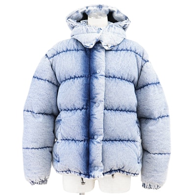 美品 ミュウ ミュウ 2021年製 デニム フード取外可 ダウンジャケット レディース ライトインディゴ 36 Miu Miu