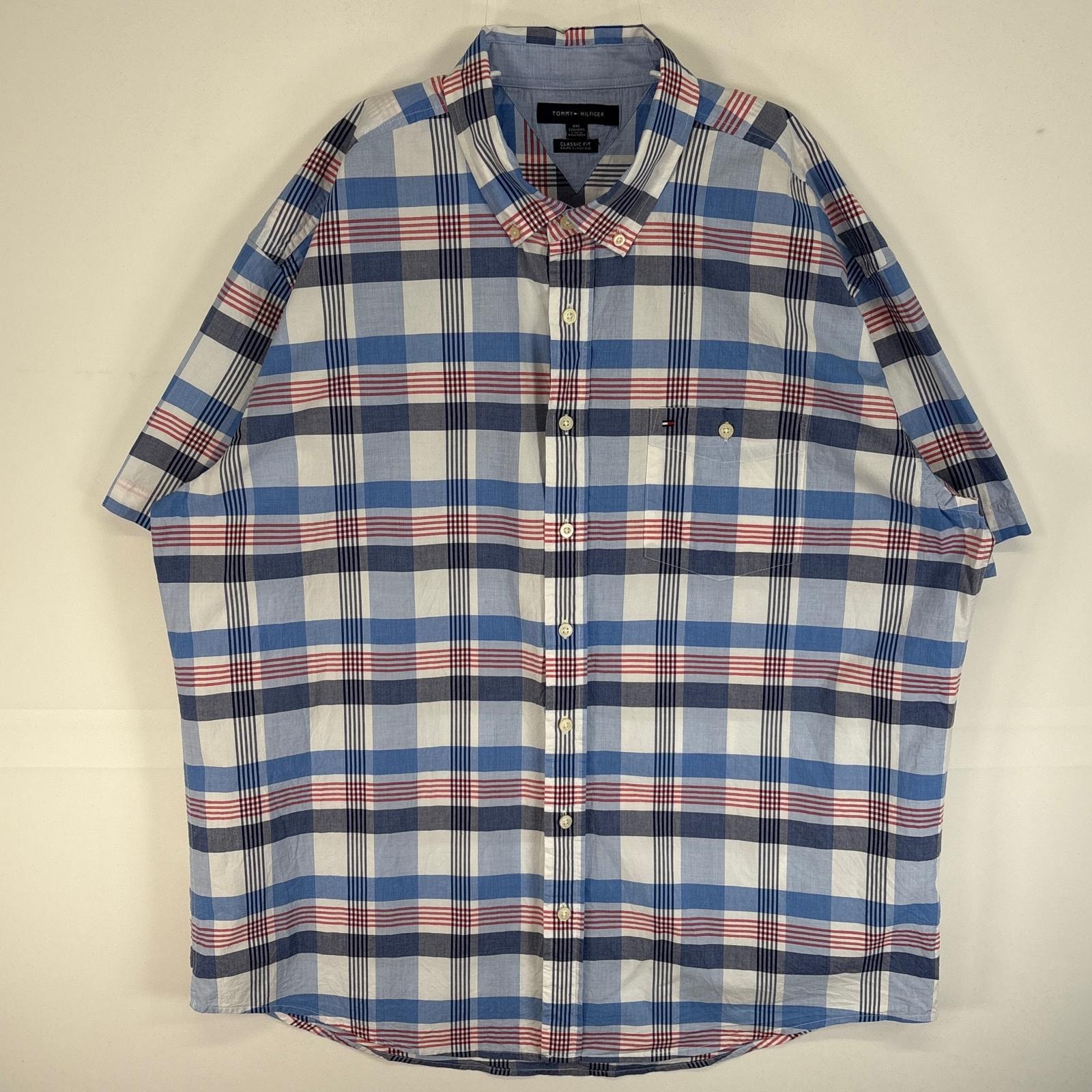 古着 トミーヒルフィガー TOMMY HILFIGER 半袖シャツ ロゴ 刺繍 チェック 大きいサイズ 14041  ブルー系 マルチカラー メンズ