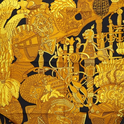 HERMES エルメス 大判 スカーフ カレ 90 ARMETS en PANACHE 羽飾りの騎兵兜 スカーフ シルク ブラック ゴールド ユニセックス【中古】