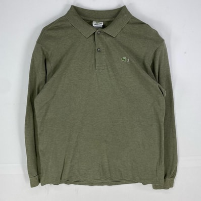 古着 ラコステ LACOSTE 鹿の子 長袖シャツ ワンポイント ロゴワッペン ポロシャツ ロングスリーブ 2XL グリーン系 メンズ