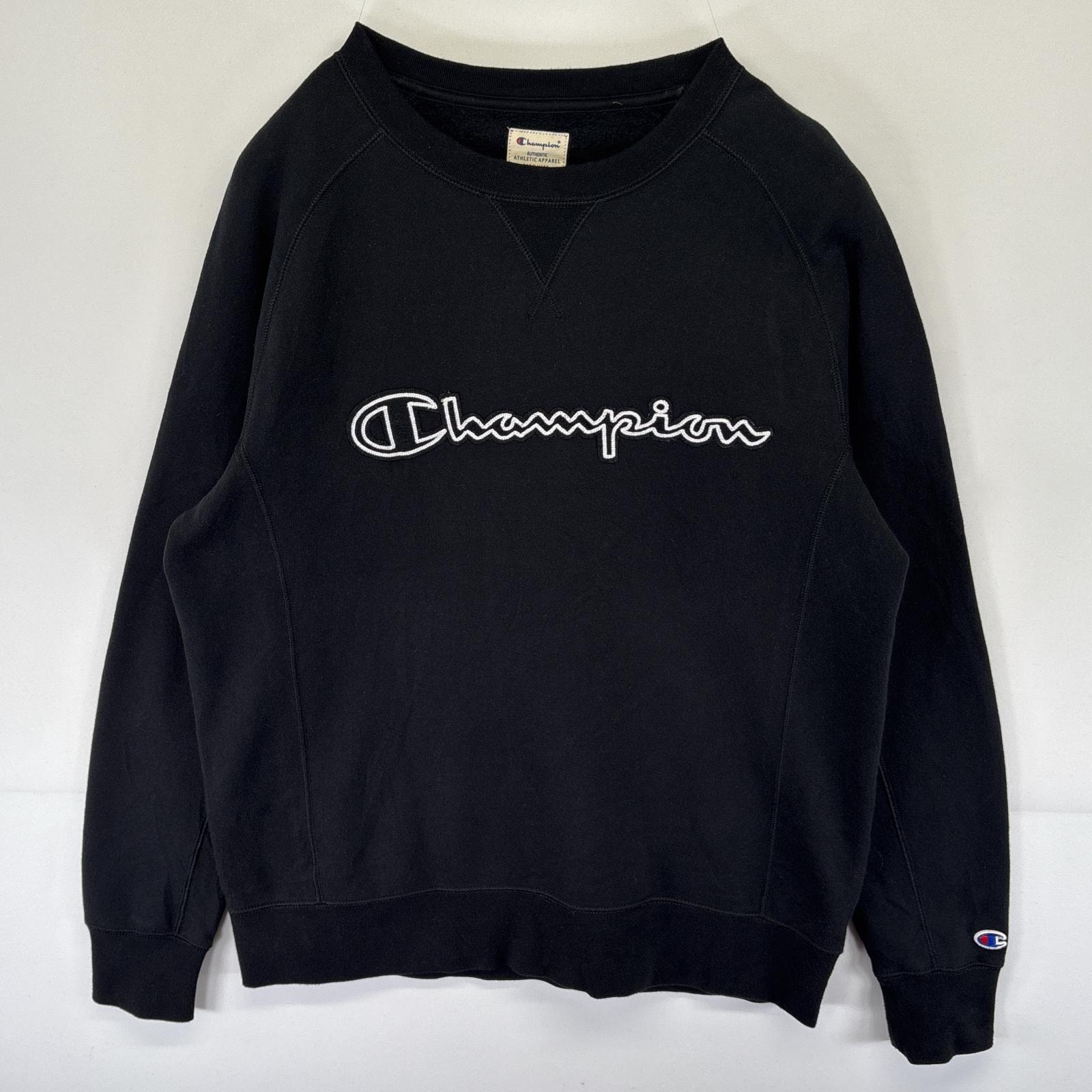 古着 チャンピオン Champion スウェット トレーナー ロゴワッペン 刺繍 クルーネック 前Vガゼット ラグラン M  ブラック メンズ