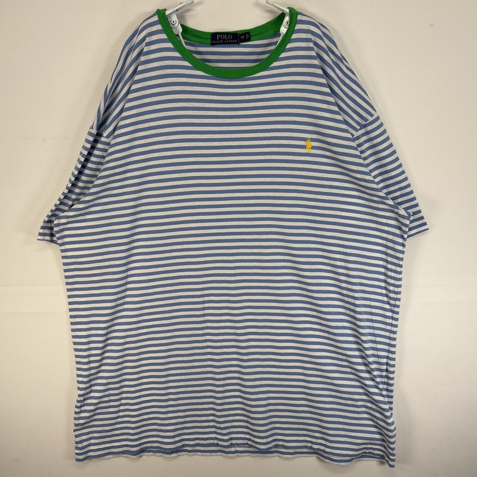 古着 ポロ・ラルフローレン POLO RALPH LAUREN 半袖Tシャツ ボーダー ロゴ 刺繍 大きいサイズ 2XB BIG 水色 マルチカラー メンズ