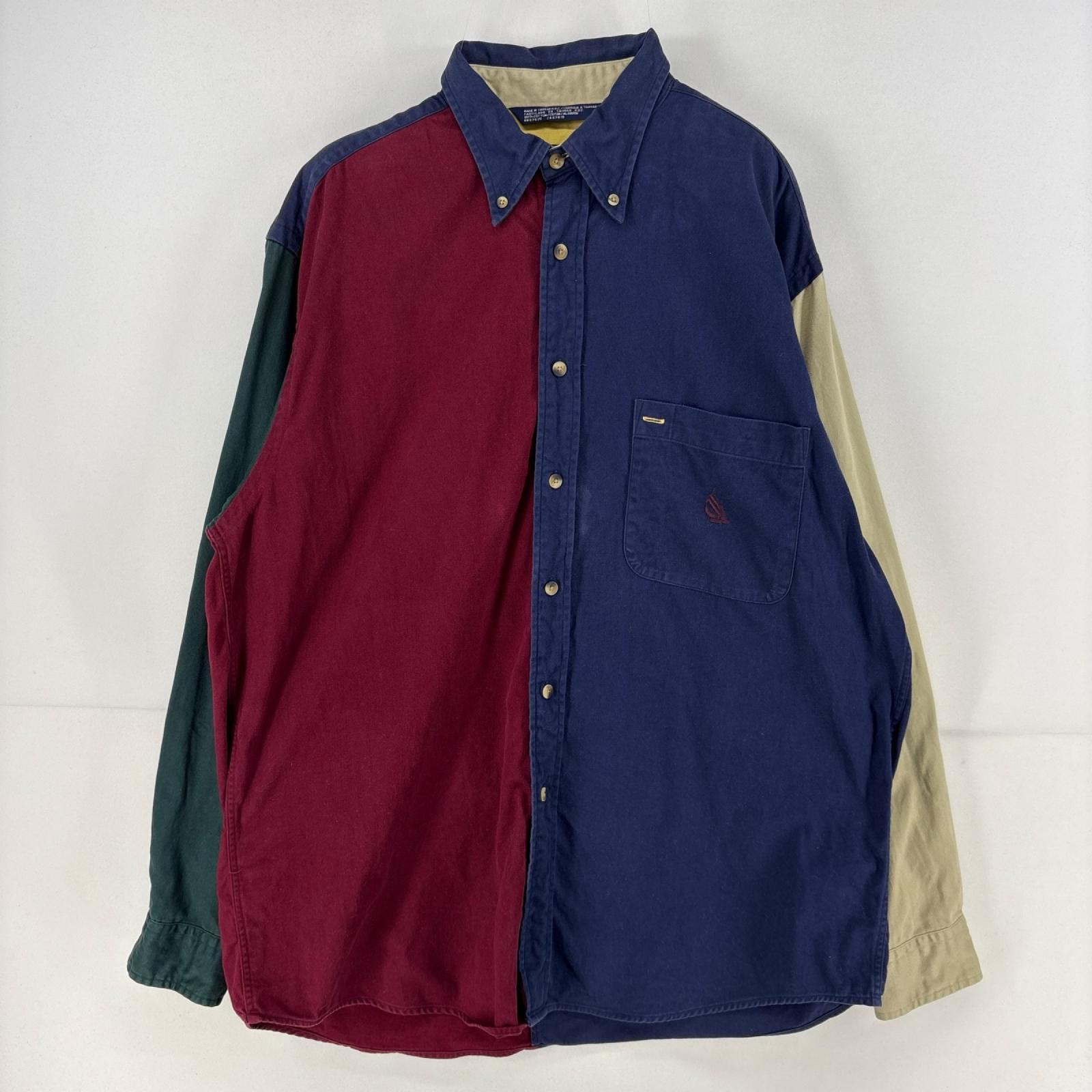 古着 90's/90年代 ノーティカ NAUTICA 長袖シャツ 胸ポケット ボタンダウン マルチカラー パターンカラー 刺繍 L ネイビー メンズ