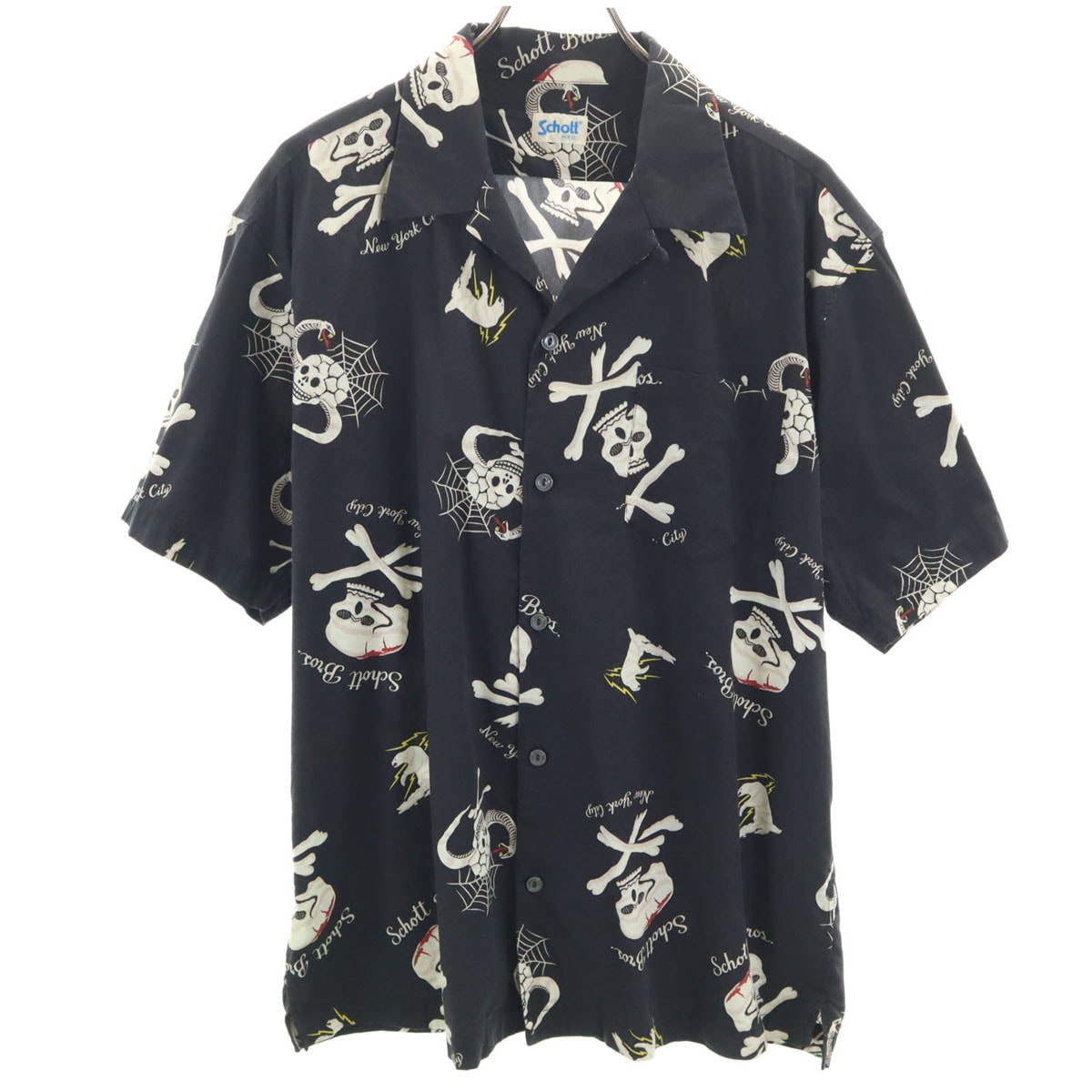 B (目立った傷や汚れなし)】schott ショット スカル柄 半袖 アロハ 