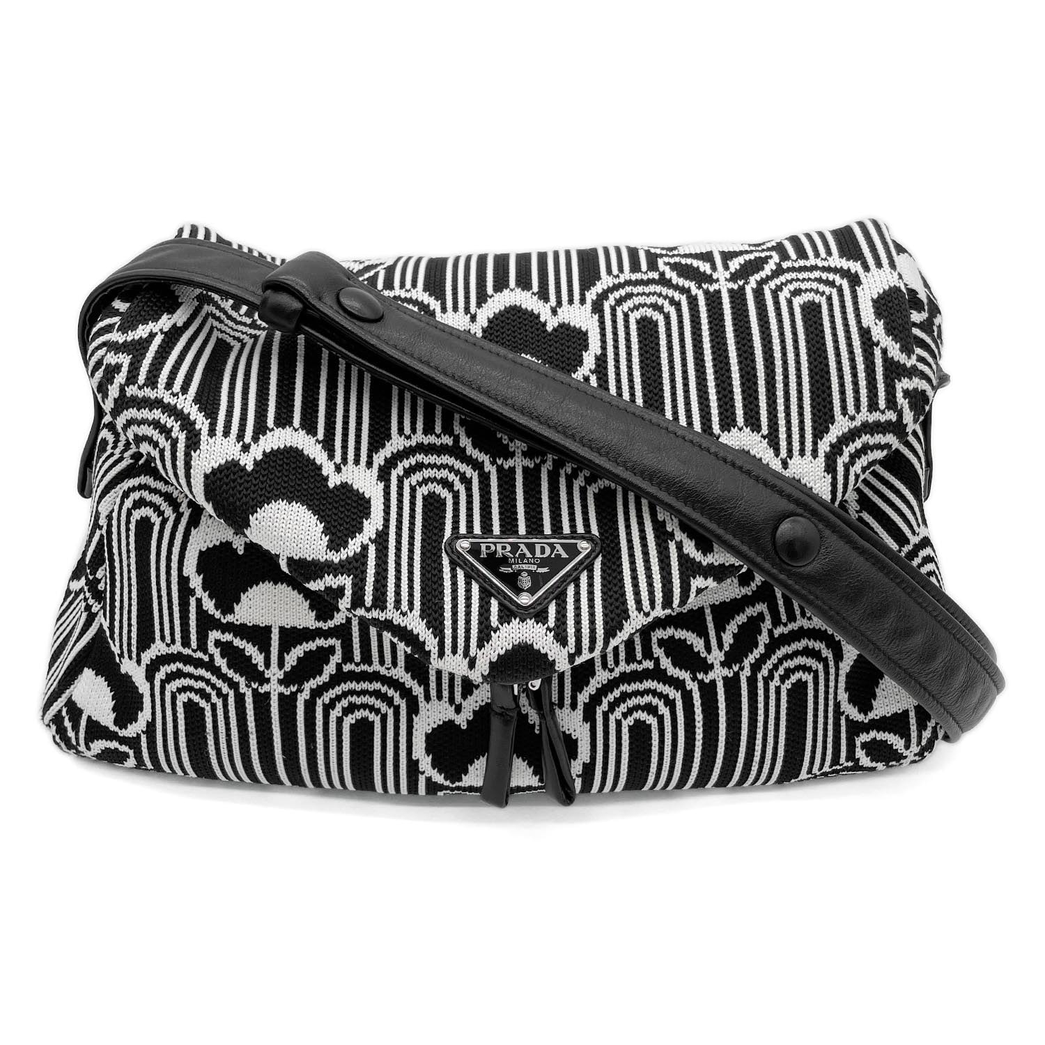 PRADA プラダ シニョー ジャガード フラワー トライアングルロゴ 三角プレート ショルダーバッグ 1BC165 レザー レディース 【中古】