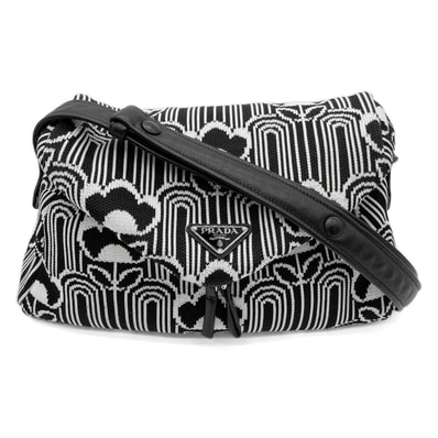 PRADA プラダ シニョー ジャガード フラワー トライアングルロゴ 三角プレート ショルダーバッグ 1BC165 レザー レディース 【中古】