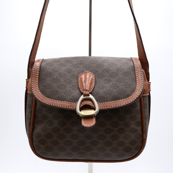 CELINE(セリーヌ)ヴィンテージ ショルダーバッグ マカダム柄 ブラウン PVC×レザー フラップ 斜め掛け レディース【中古】