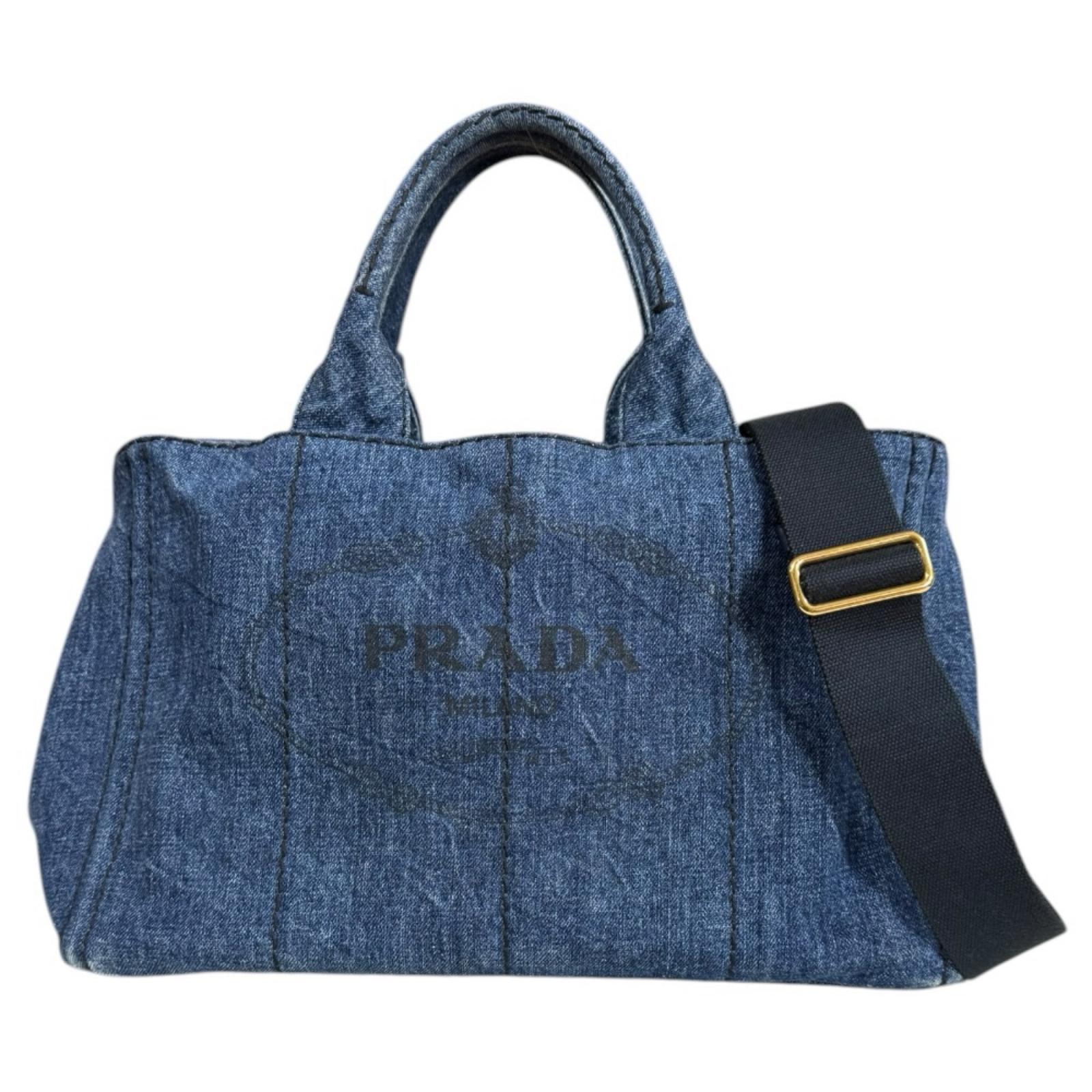 プラダ カナパトートM ショルダーバッグ デニム ブルー レディース PRADA  中古