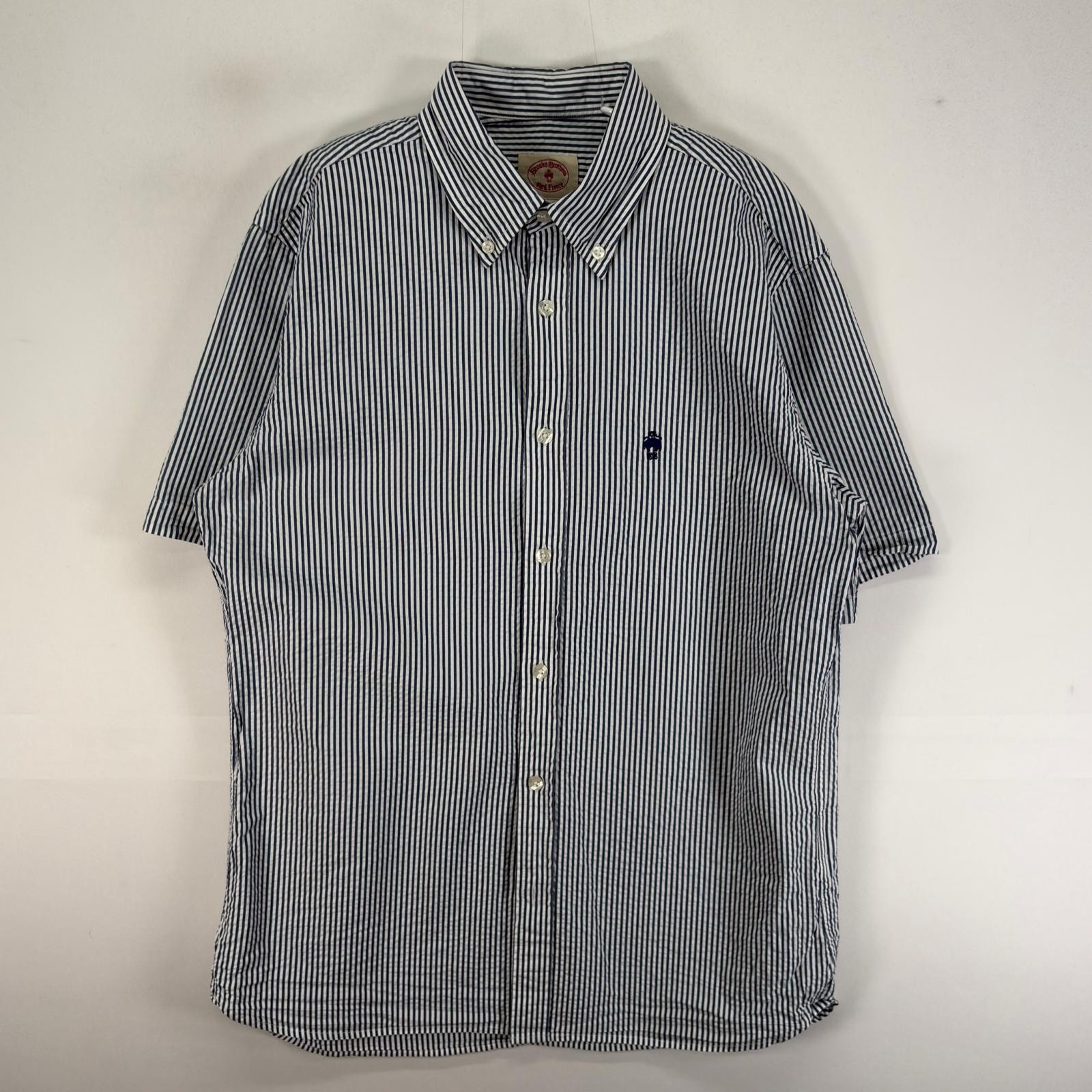 古着 ブルックスブラザーズ Brooks Brothers シアサッカー 半袖シャツ ロゴ 刺繍 ボタンダウン M  ブルー系 ストライプ メンズ