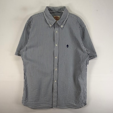 古着 ブルックスブラザーズ Brooks Brothers シアサッカー 半袖シャツ ロゴ 刺繍 ボタンダウン M ブルー系 ストライプ メンズ