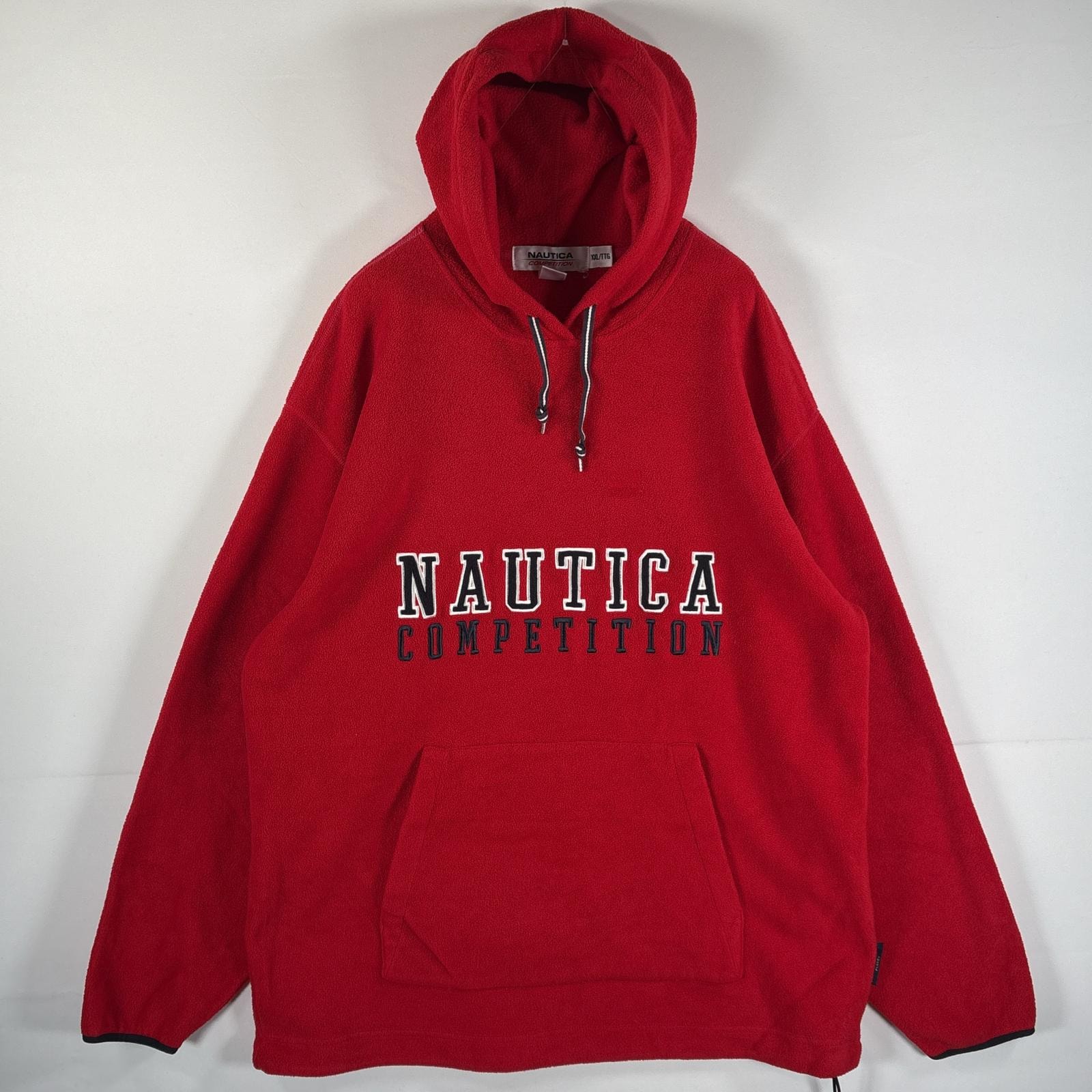 古着 ノーティカ NAUTICA USA製 フリースパーカー ビッグサイズ ロゴ刺繍 ポケット コンペティション ドローコード 14041  レッド メンズ