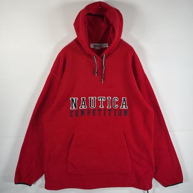 古着 ノーティカ NAUTICA USA製 フリースパーカー ビッグサイズ ロゴ刺繍 ポケット コンペティション ドローコード 14041 レッド メンズ