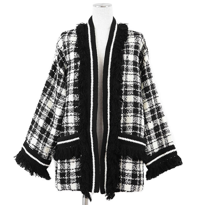 美品 グッチ タータンチェック フリンジ ツイード ジャケット レディース アイボリー ブラック 36 GUCCI
