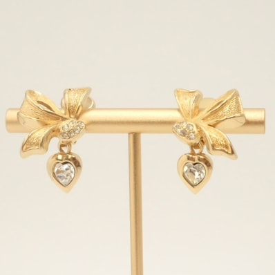 Christian Dior(クリスチャンディオール)ヴィンテージ リボンモチーフ イヤリング ゴールドカラー ハートラインストーン レディース【中古】