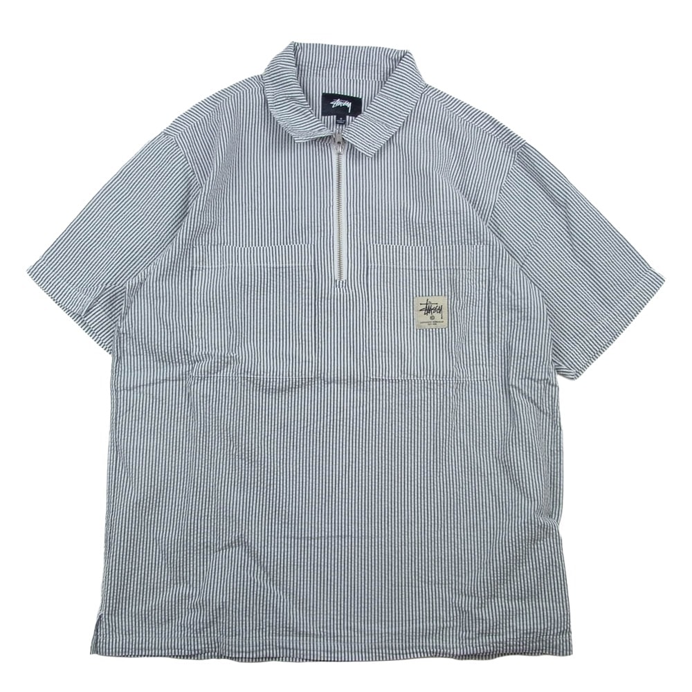 STUSSY ステューシー 半袖シャツ 18SS Half Zip Seersucker ハーフ ジップ シアサッカー 半袖 シャツ ブラック系 ホワイト系 S【中古】