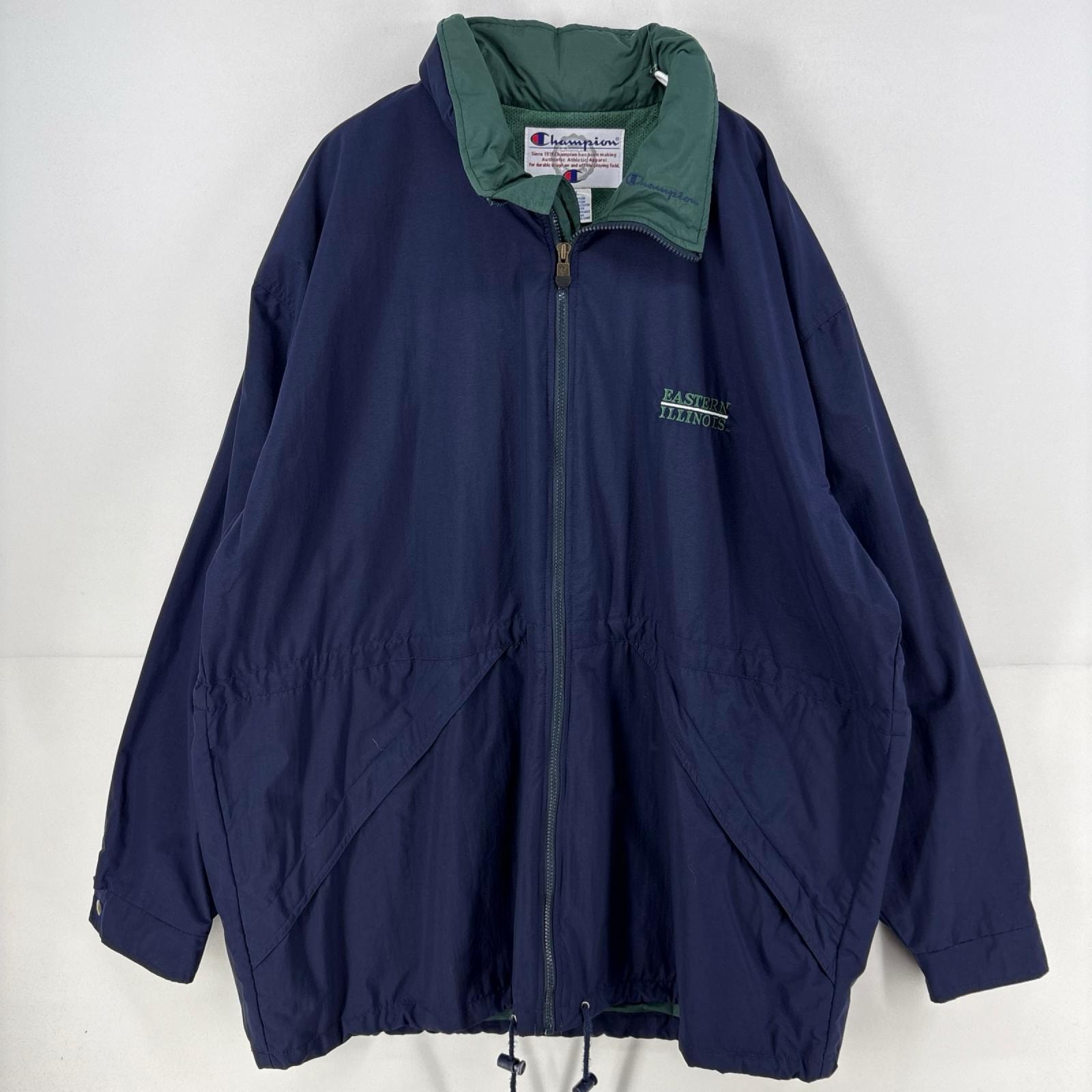 古着 90's/90年代 チャンピオン Champion ジャケット フルジップ ワンポイント ロゴ ロング ナイロン 2XL  ネイビー メンズ