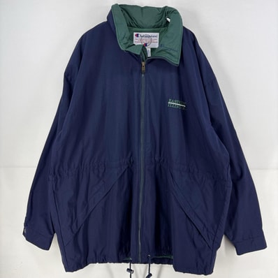 古着 90's/90年代 チャンピオン Champion ジャケット フルジップ ワンポイント ロゴ ロング ナイロン 2XL ネイビー メンズ