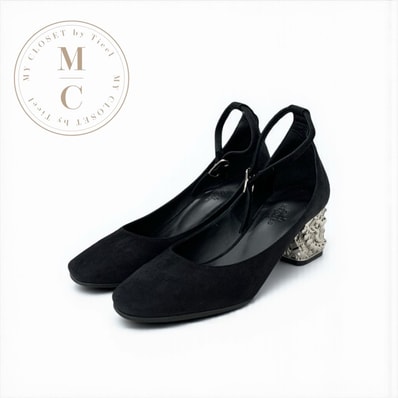 エルメス HERMES ガーリー パンプス 靴 シューズ スエード ブラック シルバー シェーヌダンクル ストラップ メタルヒール