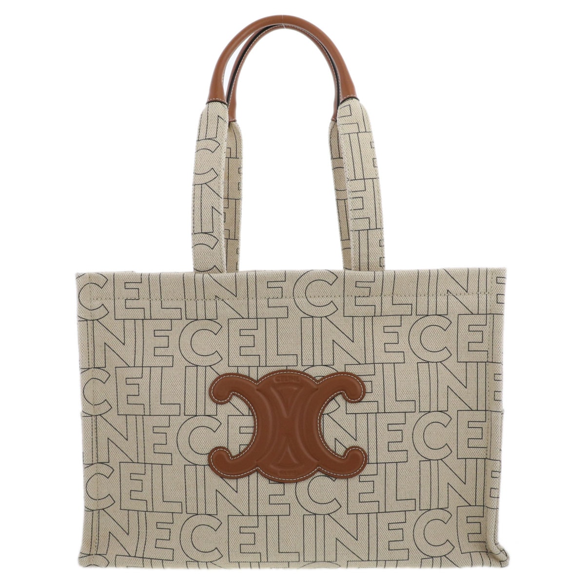 【値下げ】 CELINE セリーヌ トリオンフ ロゴ ラージ カバ タイス トートバッグ キャンバス レザー アイボリー ブラウン  ユニセックス【中古】