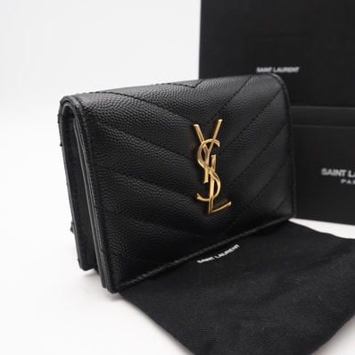 美品 SAINT LAURENT サンローラン モノグラム グレイン ド プードルエンボスレザー ビジネスカードケース 596323 カードケース ブラック ゴールド レザー レディース