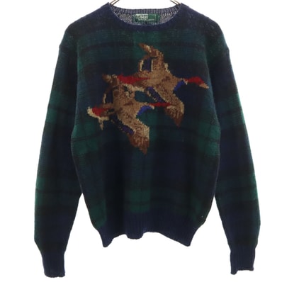 Polo by Ralph Lauren ポロバイラルフローレン 80s 緑タグ ヴィンテージ ボーイズ ブラックウォッチ 長袖 セーター 170 ネイビー ニット