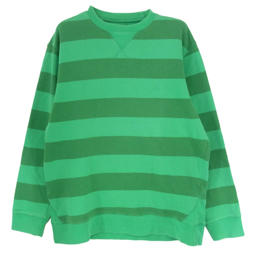 STUSSY ステューシー Tシャツ ロゴ刺繍 ボーダー スウェット トレーナー グリーン系 L【中古】