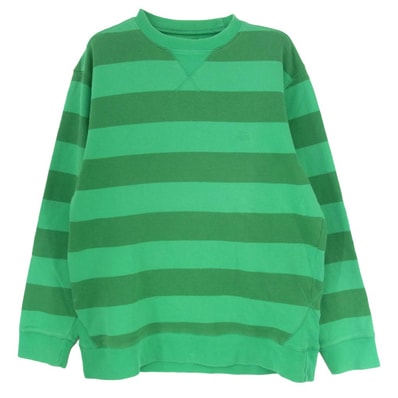 STUSSY ステューシー Tシャツ ロゴ刺繍 ボーダー スウェット トレーナー グリーン系 L【中古】