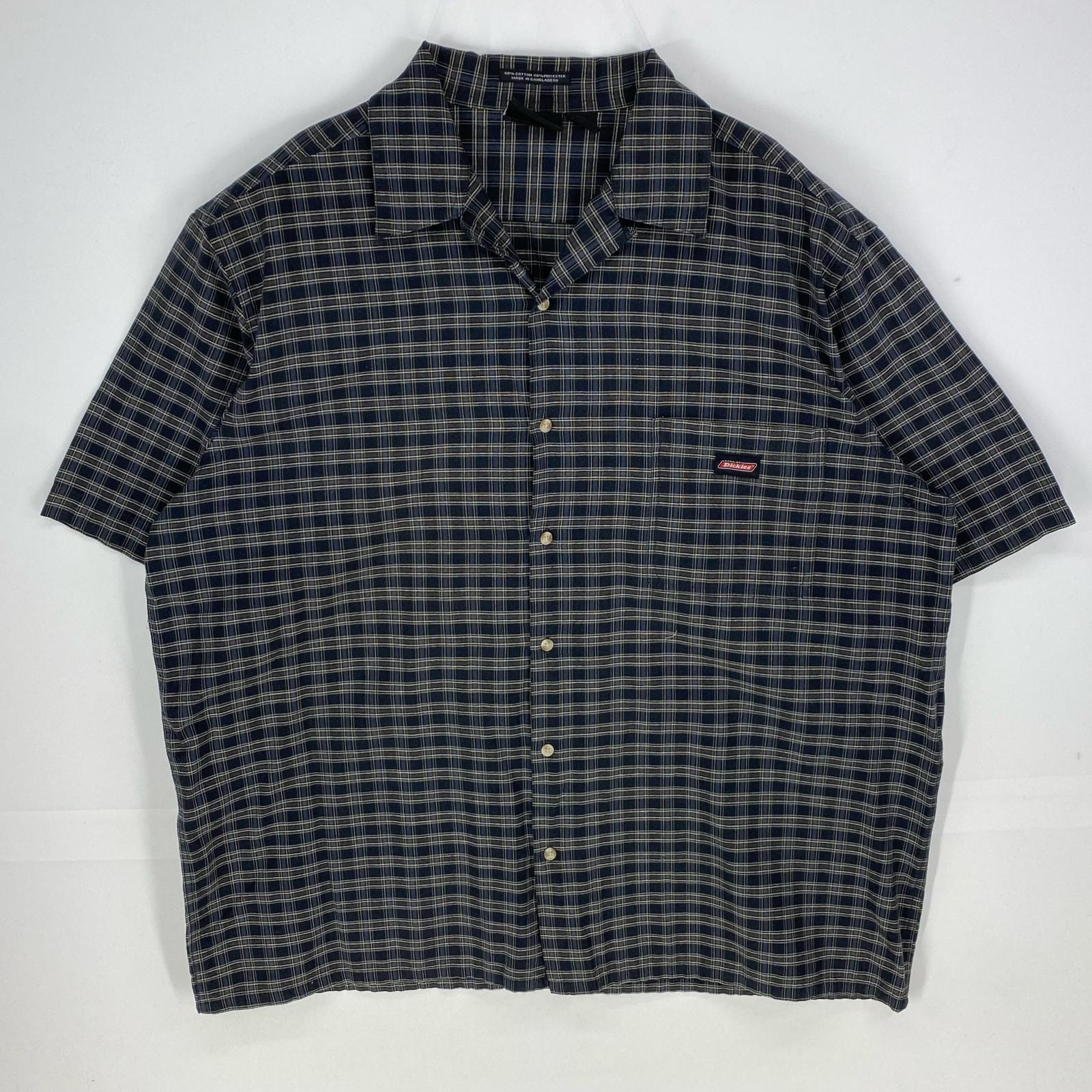 古着 ディッキーズ Dickies 半袖シャツ 胸ポケット ワンポイント ショートスリーブ 大きいサイズ 2XL ブラック系 チェック メンズ