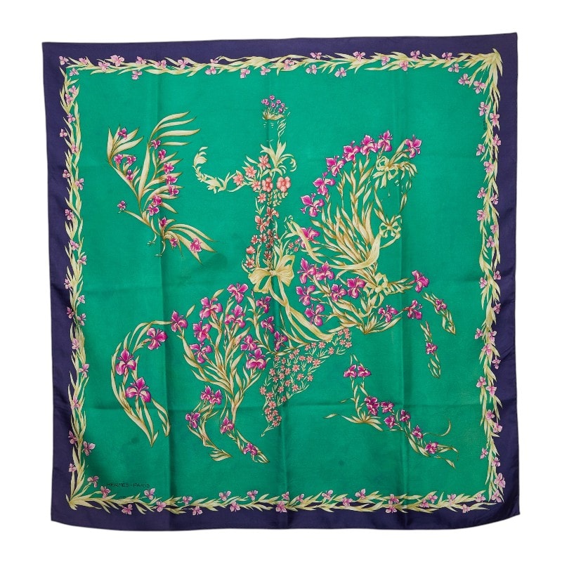 エルメス カレ90 H.d'Origny 花咲く馬 スカーフ 大判 グリーン系 マルチカラー シルク レディース HERMES 【中古】