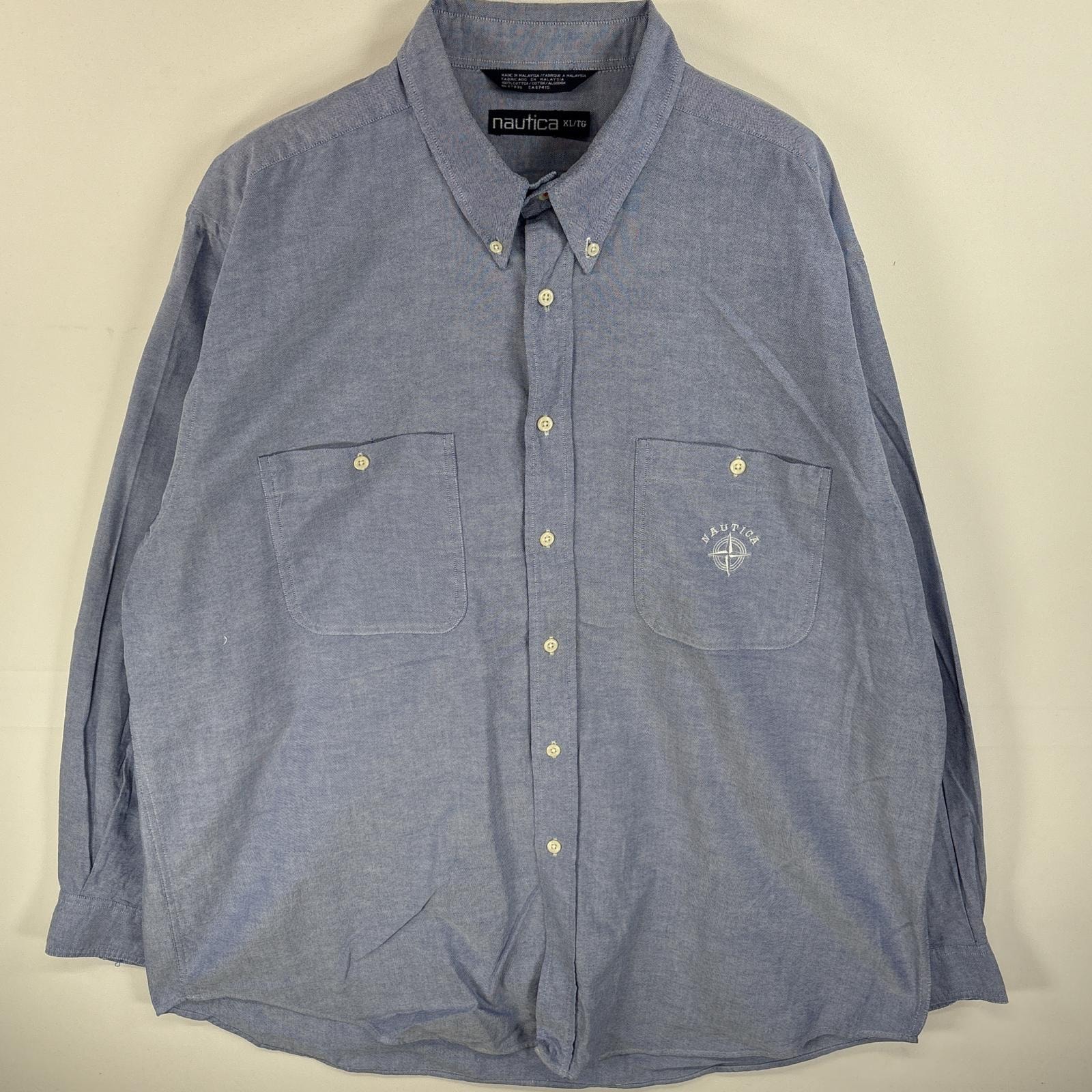 古着 90's/90年代 ノーティカ NAUTICA 長袖シャツ ボタンダウンシャツ ワンポイント 刺繍 ロゴ 大きいサイズ XL  ブルー系 無地 メンズ