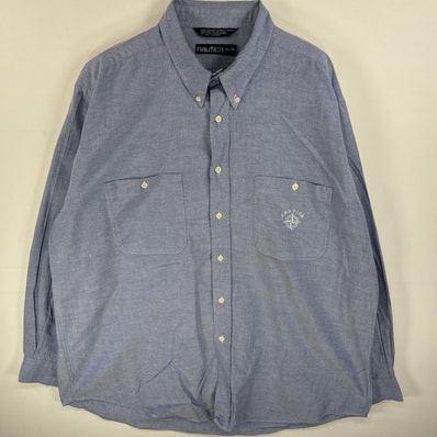 古着 90's/90年代 ノーティカ NAUTICA 長袖シャツ ボタンダウンシャツ ワンポイント 刺繍 ロゴ 大きいサイズ XL ブルー系 無地 メンズ