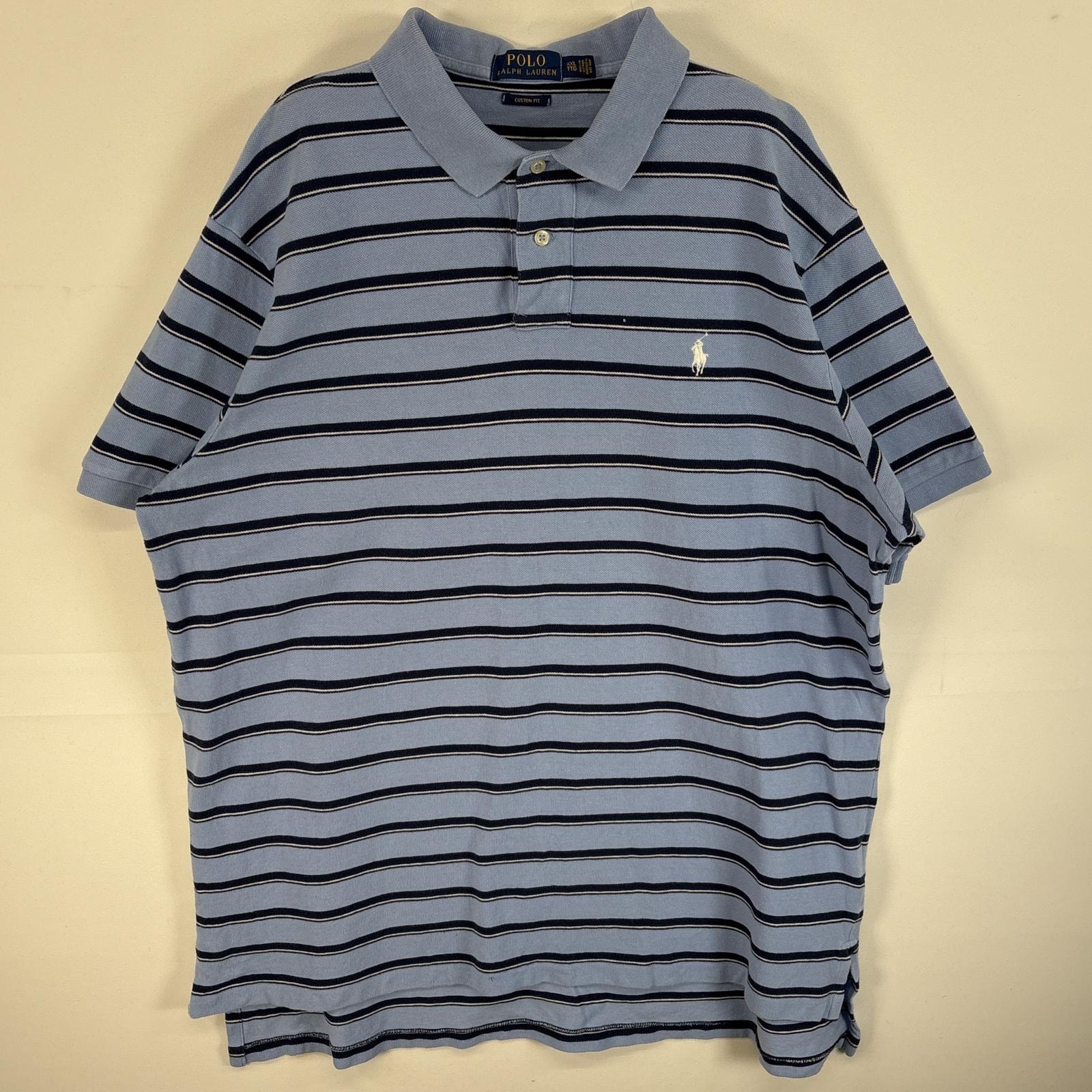 古着 ポロ・ラルフローレン POLO RALPH LAUREN 鹿の子 半袖 ポロシャツ ロゴ 刺繍 大きいサイズ ボーダー 14041  水色系 マルチカラー メンズ