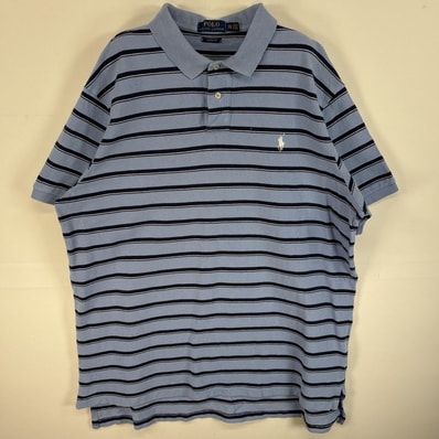 古着 ポロ・ラルフローレン POLO RALPH LAUREN 鹿の子 半袖 ポロシャツ ロゴ 刺繍 大きいサイズ ボーダー 14041 水色系 マルチカラー メンズ