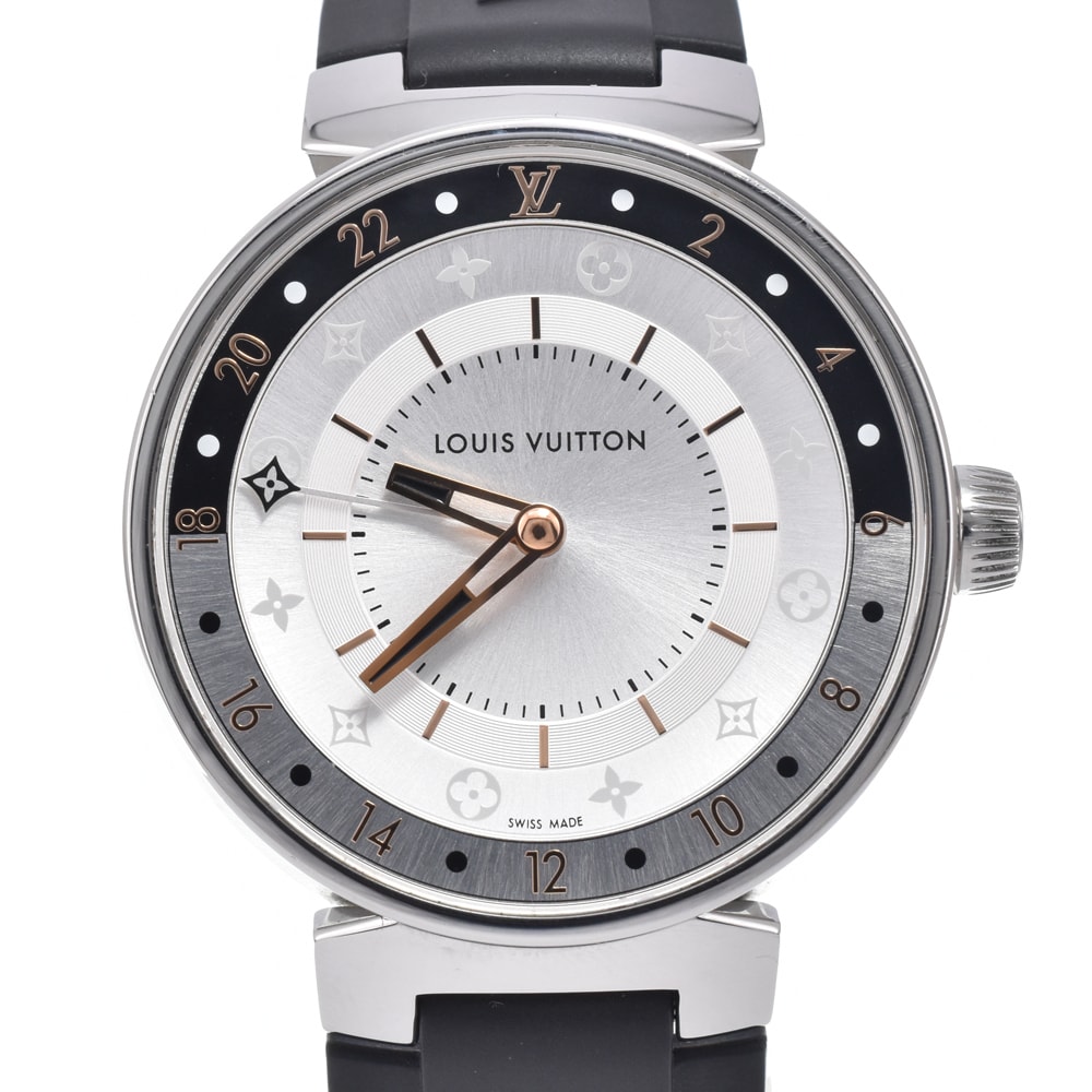 ルイ・ヴィトン LOUIS VUITTON QA105 タンブール ムーン デュアルタイム GMT シルバー クォーツ メンズ 美品 腕時計 N#150767