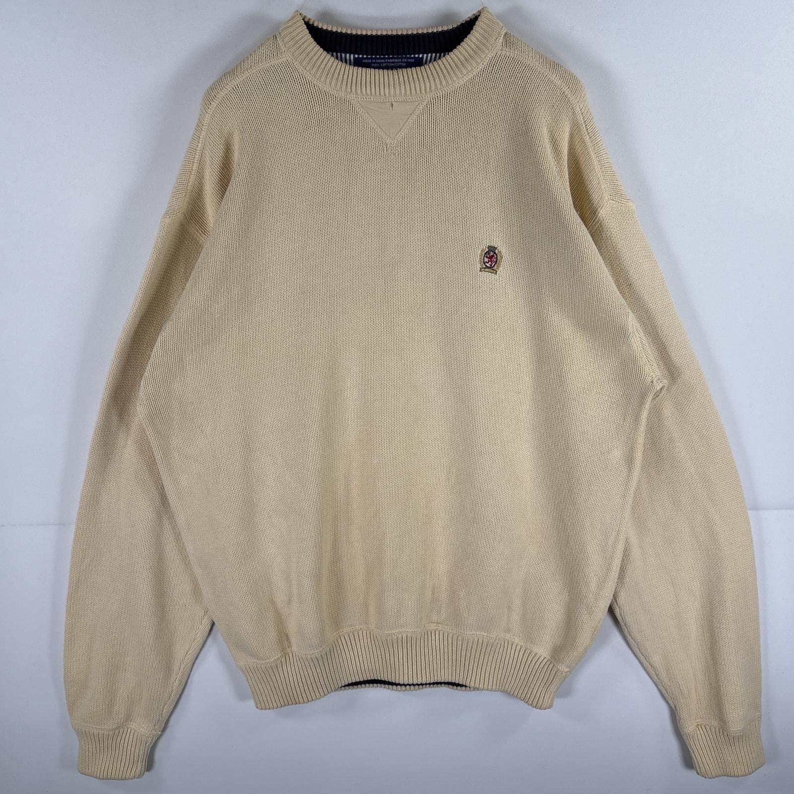 古着 90's/90年代 トミーヒルフィガー TOMMY HILFIGER コットンニット セーター ワンポイントロゴ クルーネック 大きいサイズ XL  ベージュ系 メンズ